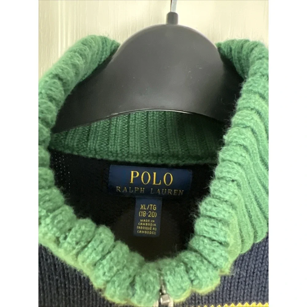 Polo Ralph Lauren Quarter Zip Sweater Boys XL Navy Yellow‎ Green Striped A33